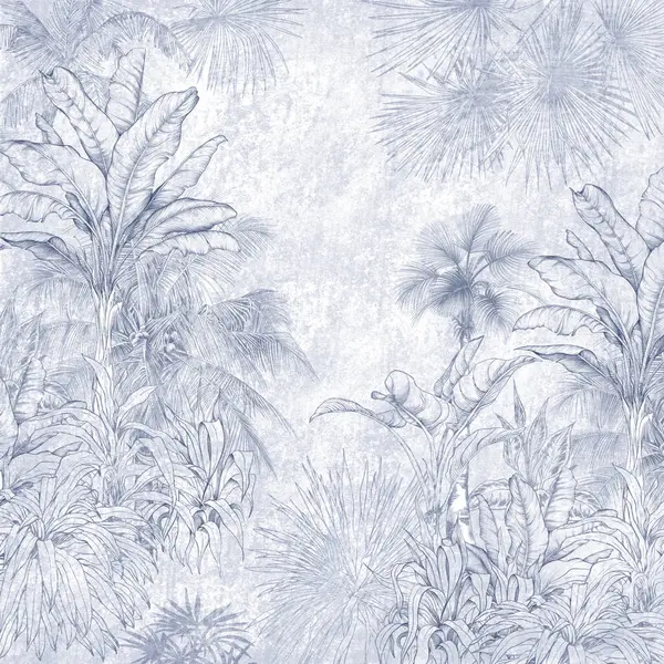 El yapımı tropik palmiye ağaçları ve kalem çizimi tarzında yapraklar. Klasik ve doğal estetik botanik orman çizimi, baskılar, posterler ve iç dekorasyon için idealdir..
