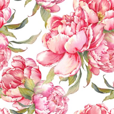 Pembe şakayık çiçekleri olan kusursuz bir desen. Suluboya el yapımı botanik tasarımı kumaş, duvar kağıdı ve ambalaj için mükemmel..