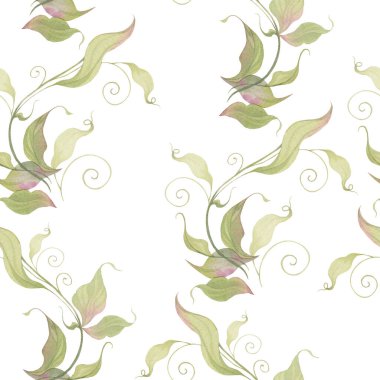 Yeşil dalları, yaprakları ve dalları olan pürüzsüz bir desen. Duvar kağıdı ve tekstil için el boyası suluboya resimleme.