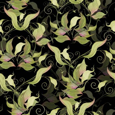 Yeşil dalları, yaprakları ve dalları olan pürüzsüz bir desen. Duvar kağıdı ve tekstil için el boyası suluboya resimleme.