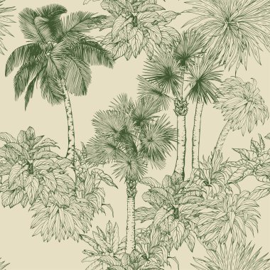 Palmiye ağaçları ve tropikal bitkilerle kusursuz desen. Toile de Jouy tarzı. El çizimi vektör illüstrasyonu.