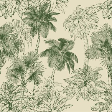 Palmiye ağaçları ve tropikal bitkilerle kusursuz desen. Toile de Jouy tarzı. El çizimi vektör illüstrasyonu.