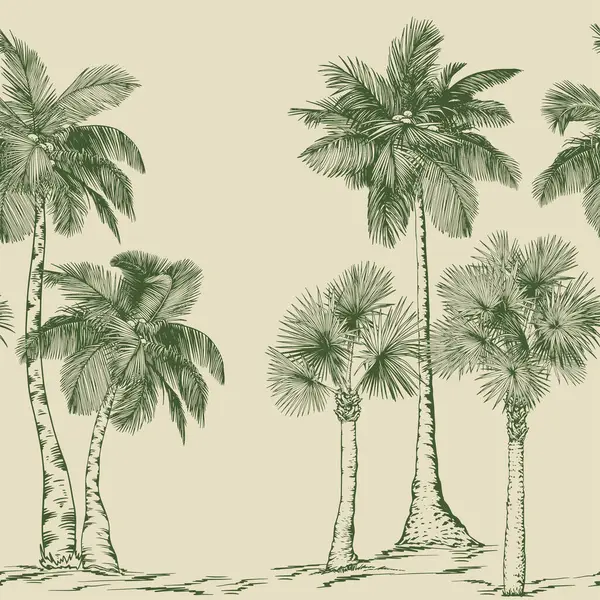 Palmiye ağaçları ve tropikal bitkilerle kusursuz desen. Toile de Jouy tarzı. El çizimi vektör illüstrasyonu.