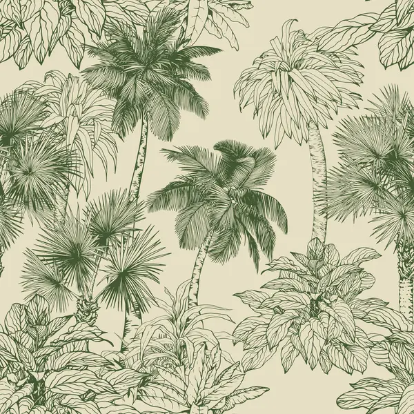 Palmiye ağaçları ve tropikal bitkilerle kusursuz desen. Toile de Jouy tarzı. El çizimi vektör illüstrasyonu.