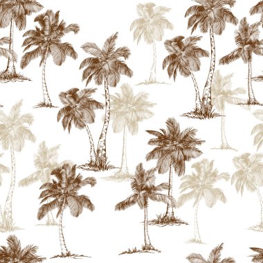 Hindistan cevizi palmiyeleri ve tropikal bitkilerle kusursuz desen. Toile de Jouy tarzı. El çizimi vektör illüstrasyonu.