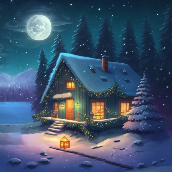 Christmas forest cozy house at night with moon and stars illustration design art
