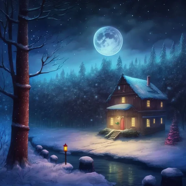 Christmas forest cozy house at night with moon and stars illustration design art