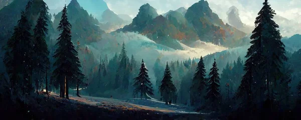 Cosy forest near mountains illustration design art.