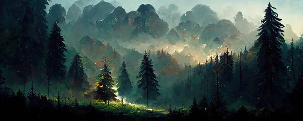 Cosy forest near mountains illustration design art.