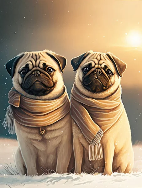 Happy pug dogs, doggy couple wearing scarves in a cold snowy winter landscape at sunrise, romantic, golden light, realistic digital illustration, suitable for Valentines or anniversary card.