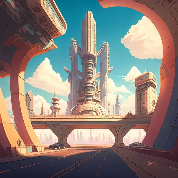 Landscape of a futuristic city in anime style.