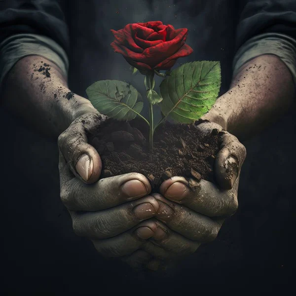 The dirty hands of a gardener holding a single beautiful red rose flower growing in soil, symbolizing love, nurture and rebirth.