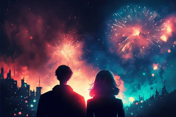 Man and woman watching an impressive fireworks display, technicolor explosions in the background, new year\'s eve celebration, realistic digital illustration.