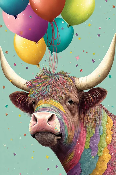 A highland cow in a birthday party scene, with a collage of birthday cake, streamers, and party hats..
