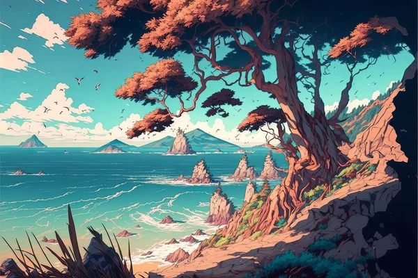 A surreal landscape with floating islands and a giant tree, with mythical creatures roaming around..