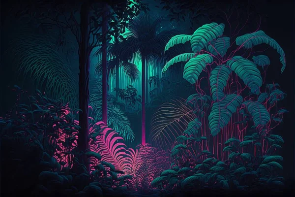 A neon-lit jungle path, lined with glowing plants and trees..
