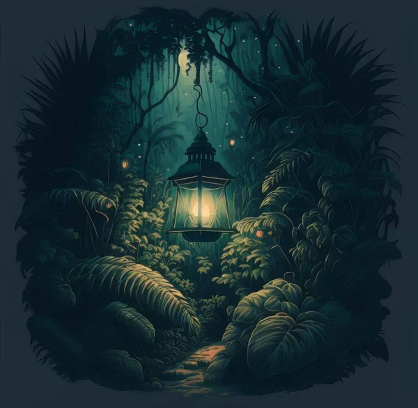 A jungle path, lined with lamps on either side, creating a warm and inviting atmosphere..