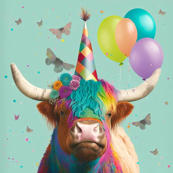 A highland cow in a birthday party scene, with a collage of presents, party hats, and colorful butterflies..