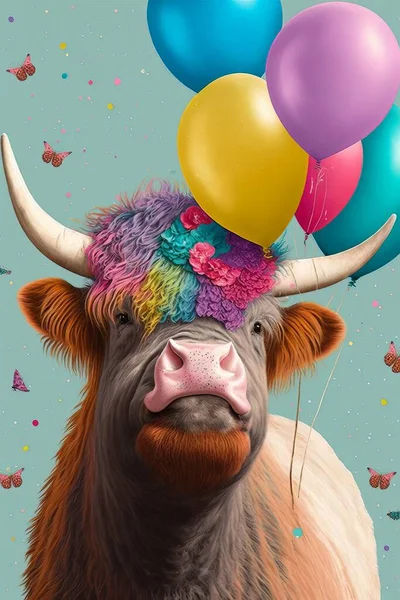 A highland cow in a birthday party scene, surrounded by a collage of party decorations, confetti, and birthday balloons..