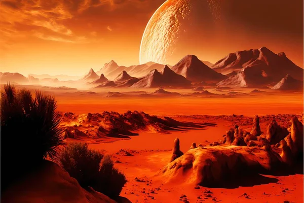 Mars the red planet landscape with desert and mountain digital illustration art.