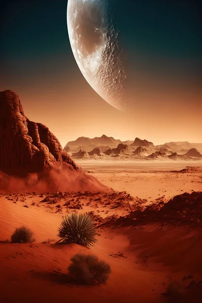 Mars the red planet landscape with desert and mountain digital illustration art.