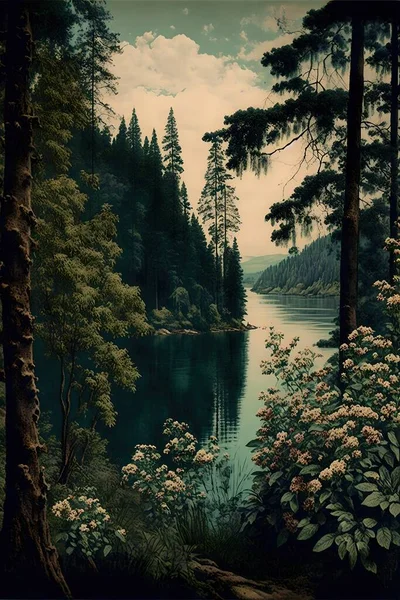 Vintage wallpaper of forest landscape with lake, plants, trees, birds, peacocks, butterflies and insects.