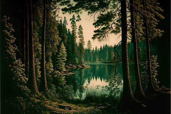 Vintage wallpaper of forest landscape with lake, plants, trees, birds, peacocks, butterflies and insects.