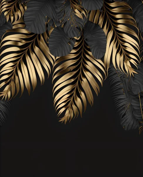 Black wallpaper with golden leaves plant palm.