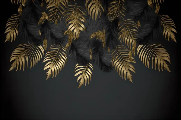 Black wallpaper with golden leaves plant palm.