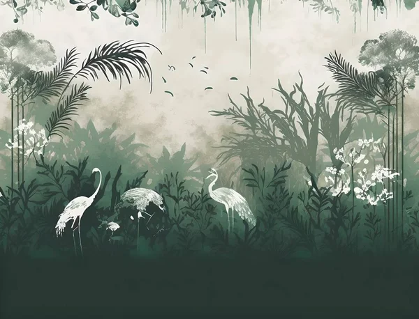Wallpaper jungle tropical forest palm tree painting.