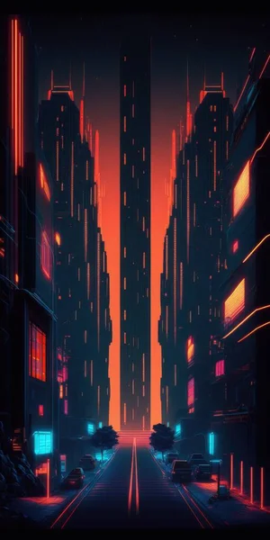 Digital city of neon lines in the dark digital illustration art.