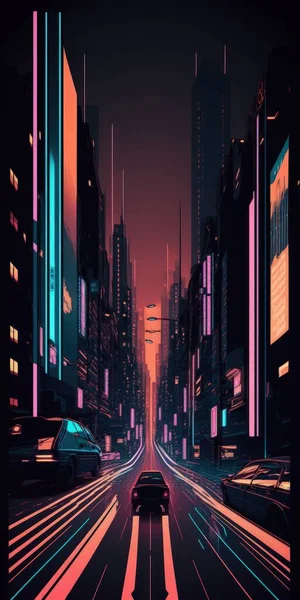 Digital city of neon lines in the dark digital illustration art.