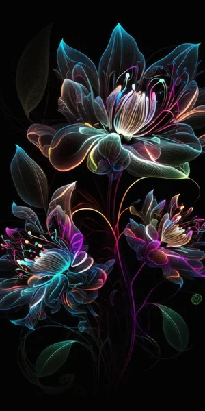 Digital flowers of neon lines in the dark digital illustration art.