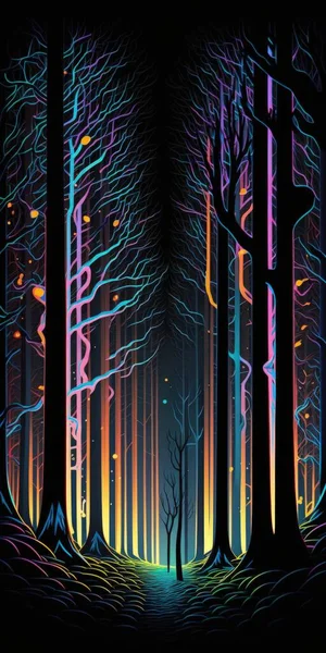 Digital forest of neon lines in the dark digital illustration art.