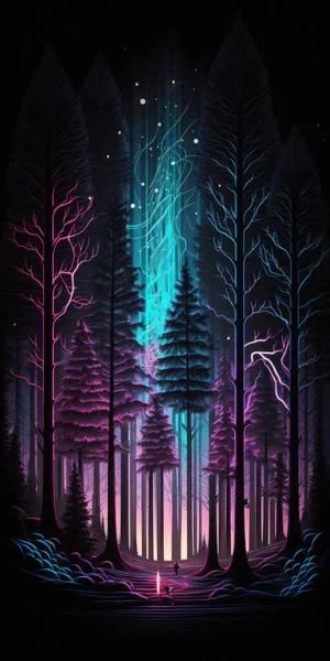 Digital forest of neon lines in the dark digital illustration art.