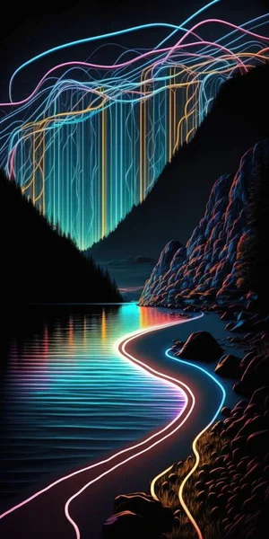 Digital lake of neon lines in the dark digital illustration art.
