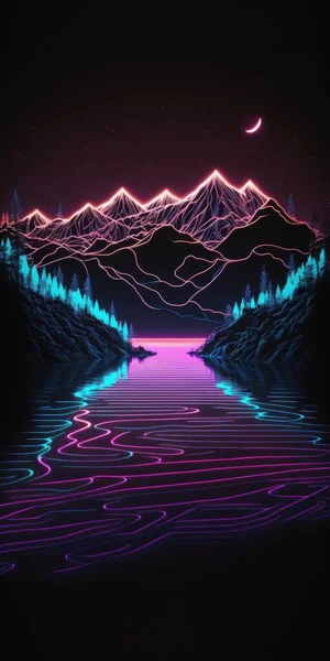 Digital lake of neon lines in the dark digital illustration art.