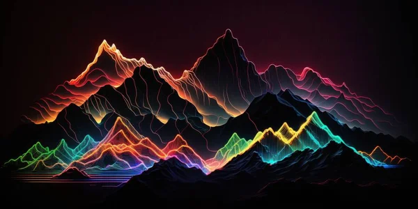 Digital mountains of neon lines in the dark digital illustration art.