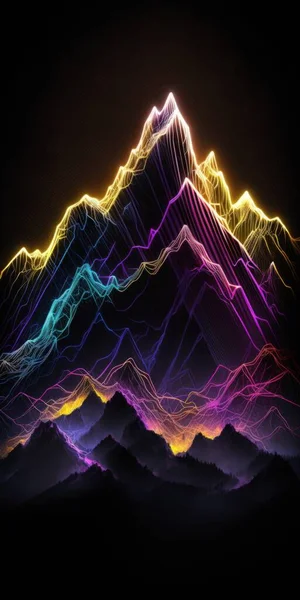 Digital mountains of neon lines in the dark digital illustration art.