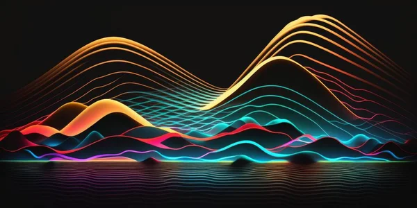 Digital ocean of neon lines in the dark digital illustration art.