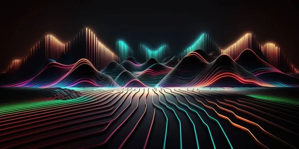 Digital ocean of neon lines in the dark digital illustration art.