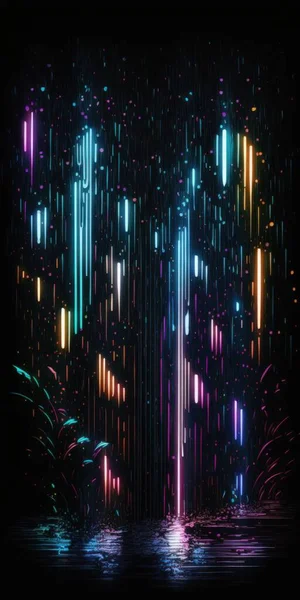 Digital rain of neon lines in the dark digital illustration art.