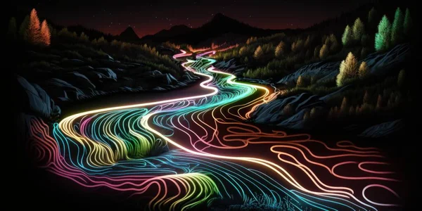 Digital river of neon lines in the dark digital illustration art.