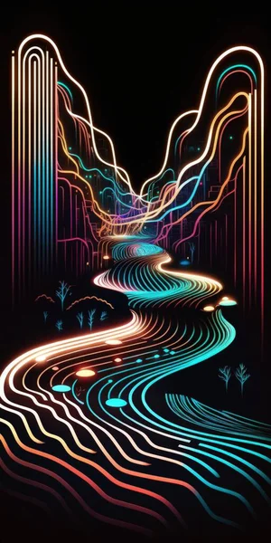 Digital river of neon lines in the dark digital illustration art.