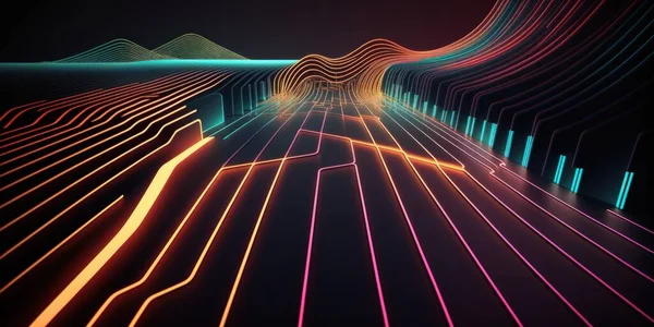 Digital sea of neon lines in the dark digital illustration art.
