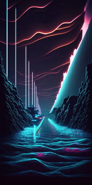 Digital sea of neon lines in the dark digital illustration art.