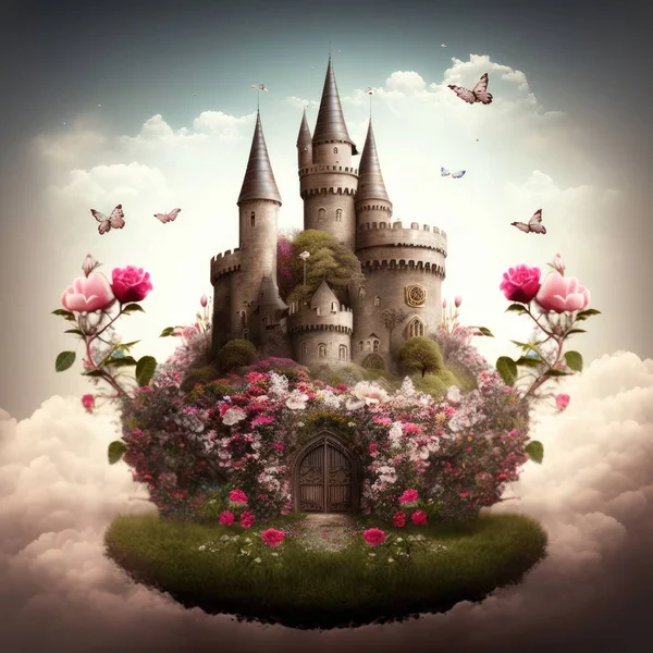 fantasy garden castle with many flowers roses and cloud illustration design art..