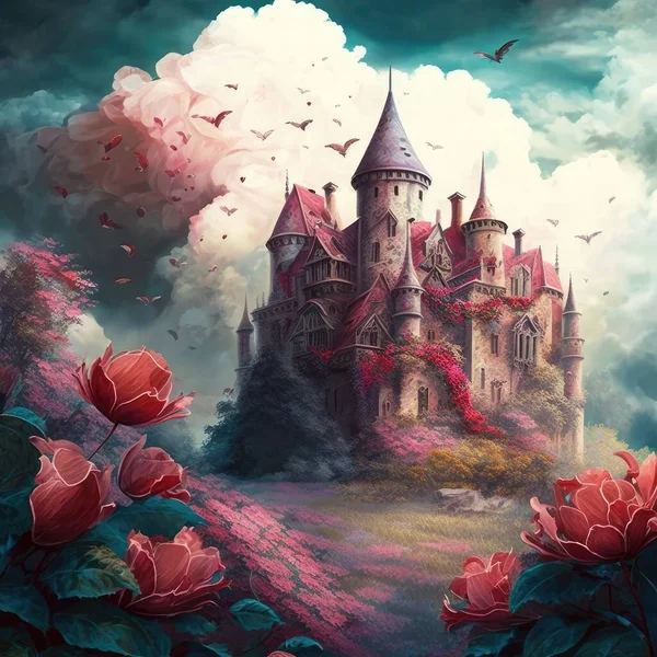 fantasy garden castle with many flowers roses and cloud illustration design art..