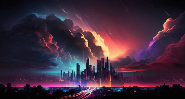 night cityscape in neon light and clouds illustration design art..