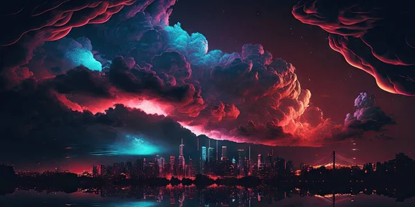 night cityscape in neon light and clouds illustration design art..